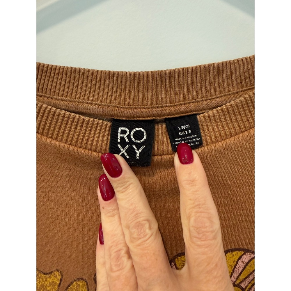 Roxy Womens Brown Floral Butterfly Graphic Crewneck Sweatshirt Small Retro Crop - Picture 3 of 7